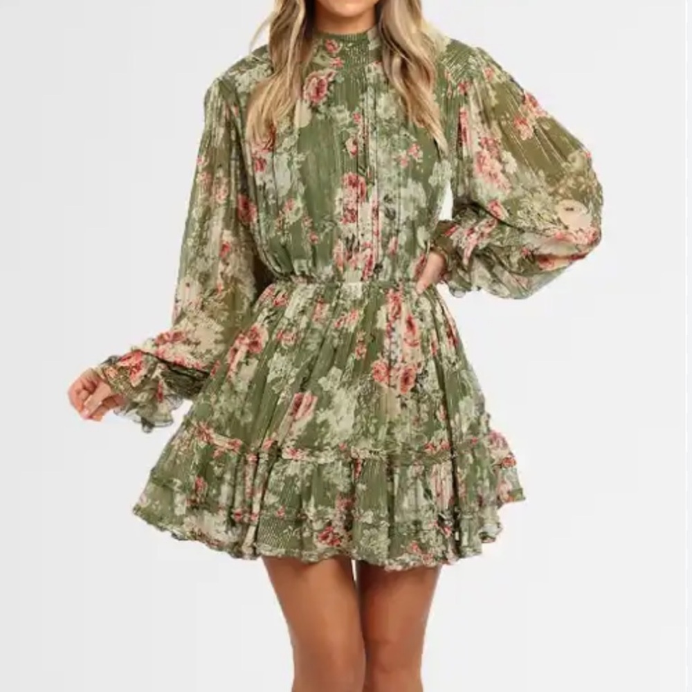 HEMANT & NANDITA Voluminous mini olive dress with pink floral - Size S
